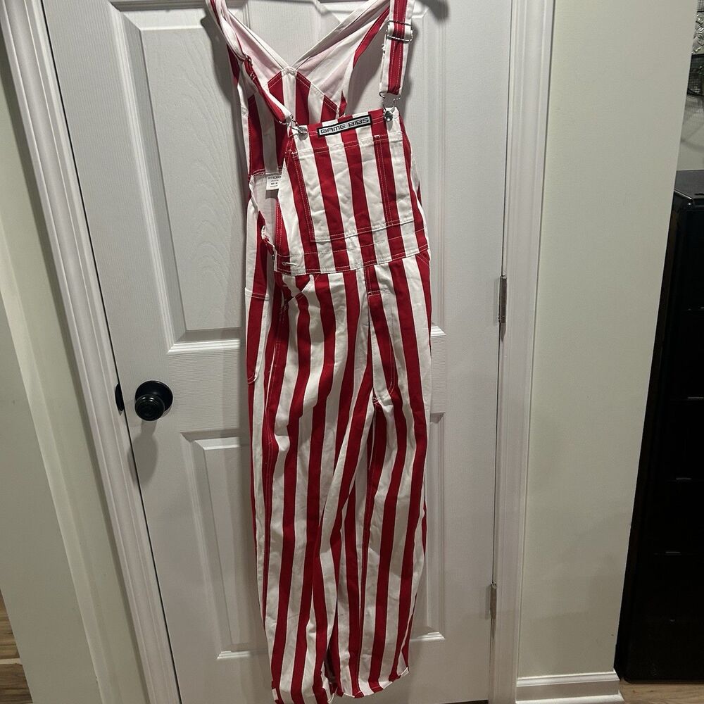 Game Bibs Red White Striped Unisex Bib Overalls XS  Adjustable Straps